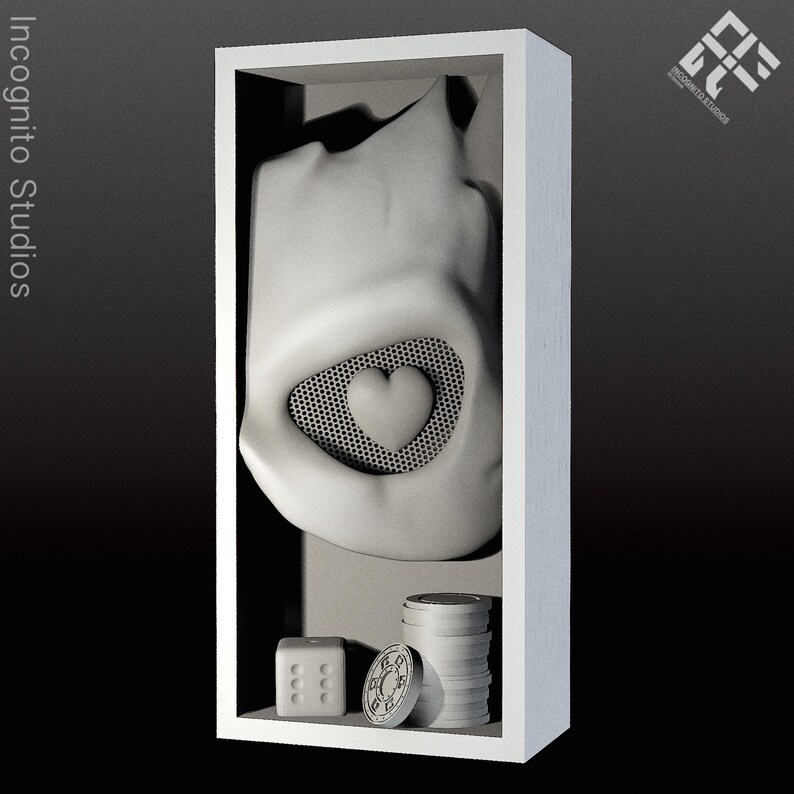 May include: A white display case featuring a sculpted form with a heart-shaped cutout. Inside, there's a die, poker chips, and a stack of chips. The text "Incognito Studios" is visible on the left side of the case.