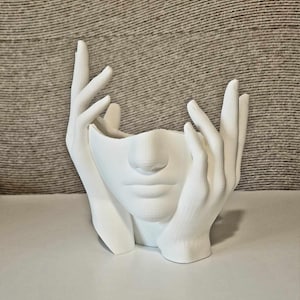 Peut inclure: Pot en céramique blanche en forme de visage avec des mains qui couvrent les yeux. Le pot est un design moderne et minimaliste.