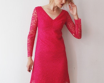 60s bright pink lace a line mini dress - xs