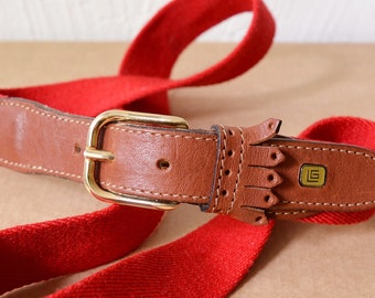 VIntage GUY LAROCHE canvas and leather belt. red and tan buckle belt - 110 cm