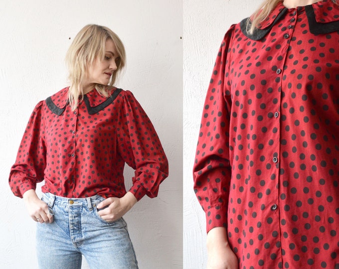 80s Red Black Polka Dot Blouse With Puff Sleeves and Oversized - Etsy