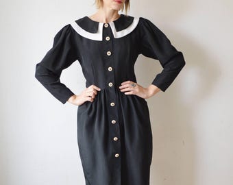 80s 90s black wiggle dress with oversized collar - S