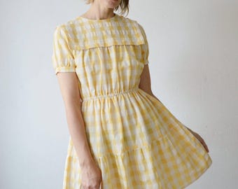 70s yellow gingham full mini dress - S / M