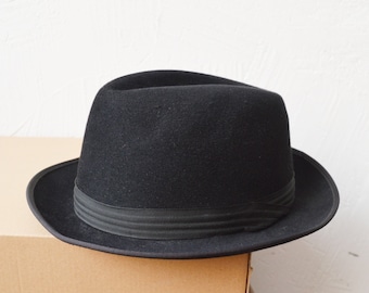 50s 60s small black elegant fedora trilby hat with round brim. felt wool hat - unisex