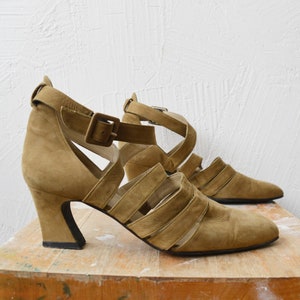 80s 90s ecru suède leren strappy hakschoenen door Audley London - eur 37, uk 4, us 6.5