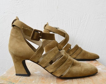 80s 90s ecru suede leather strappy heel shoes by Audley London - eur 37, uk 4, us 6.5