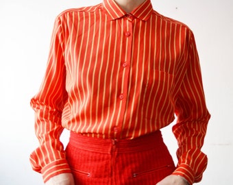 80s MONDI bright red stripe classic Oxford style blouse shirt - plus size