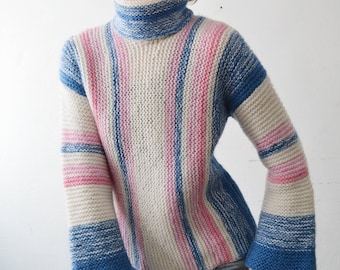 70s 80s chunky knit pastel stripe turtleneck sweater with bell sleeves - medium