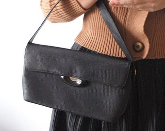 60s handbag. small navy dark gray leather bag. 50s elegant handbag