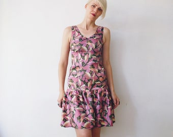 80s handmade leaf print dress. ruffle hem dress. patterned summer dress - xxs, xs
