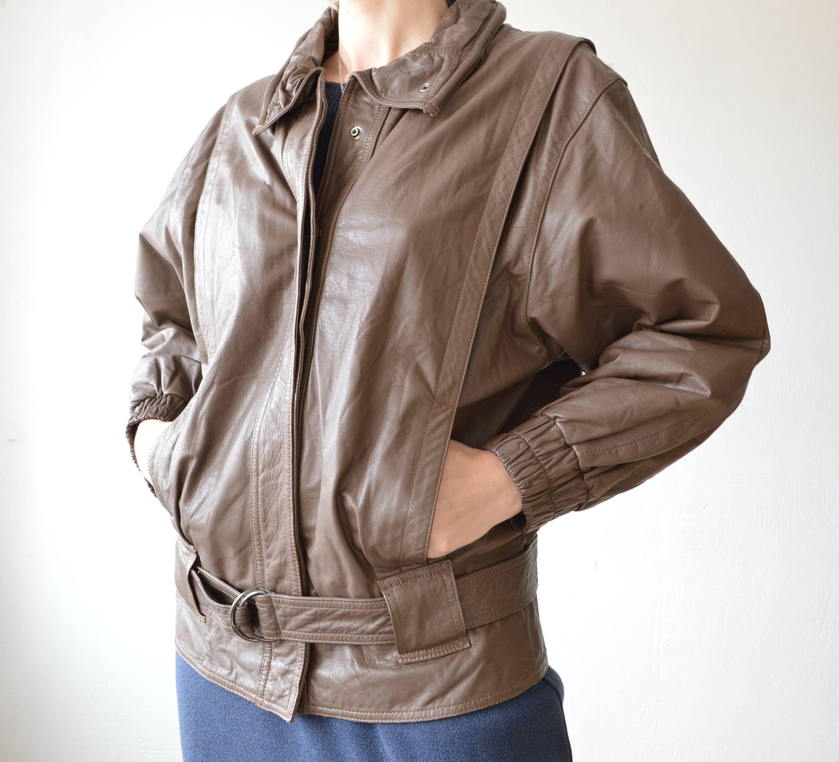 80s Betty Barclay Taupe Leather Bomber Jacket With Belted Hem