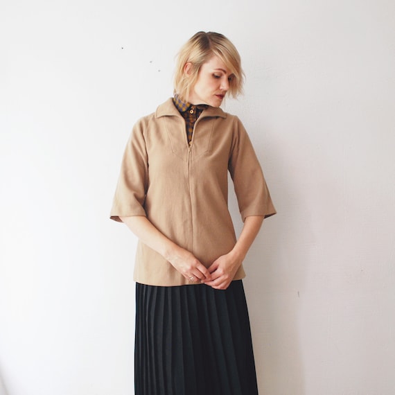60s 70s beige wool tunic coat. zipped front bell … - image 1