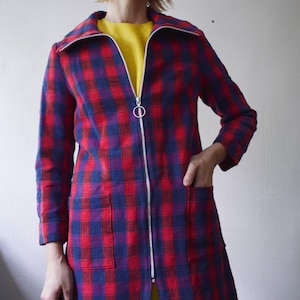 60s woven checked blue and red zipped front mini coat - xs, small