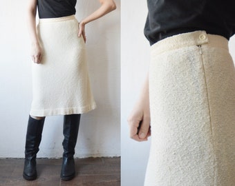 70s 80s cream white boucle wool blend knee length skirt - small to medium