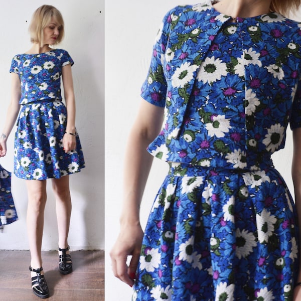 60s blue cotton floral set of top, short sleeve jacket and mini skirt - xxs