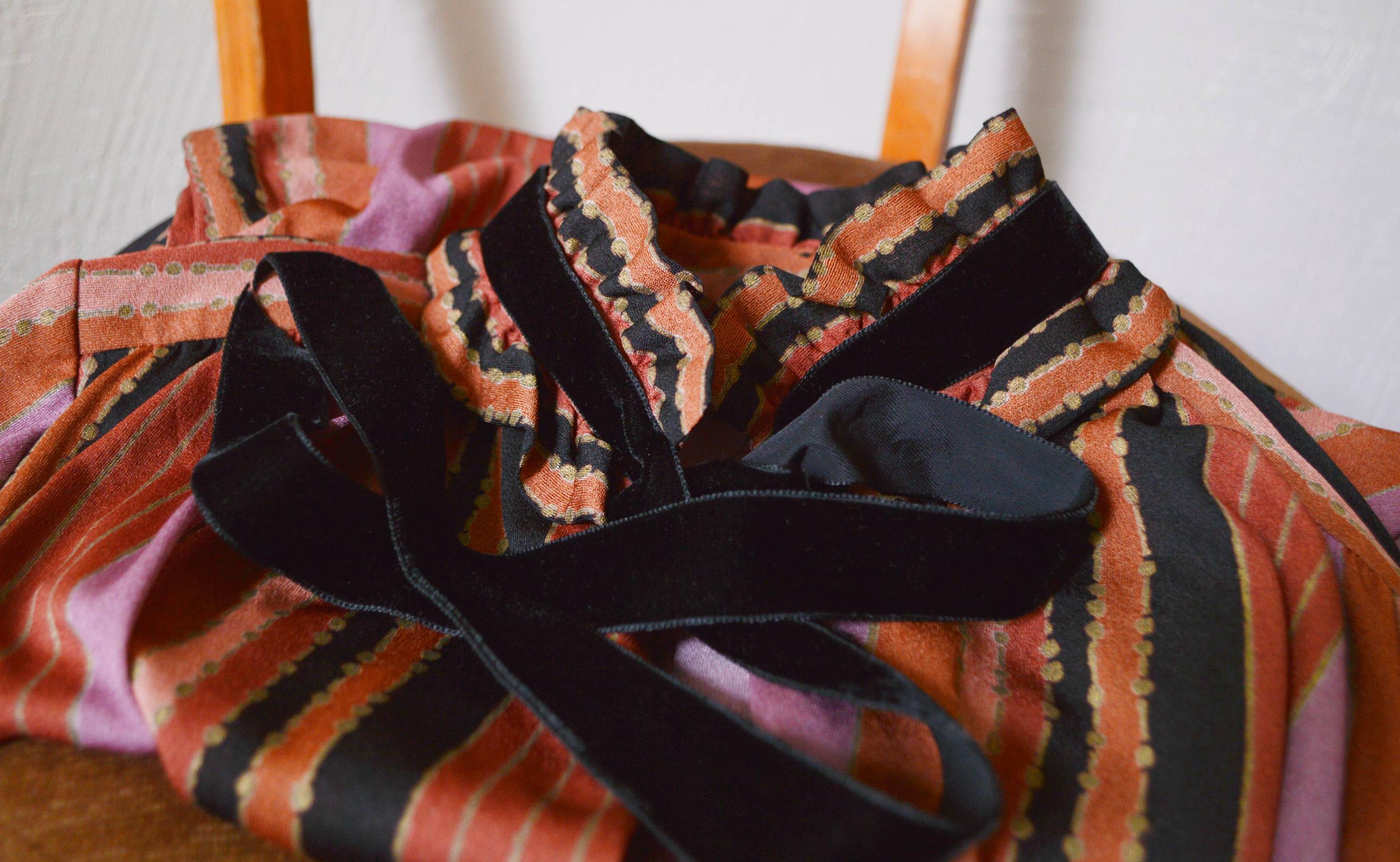70s Victorian Revival Striped Ruffle Neck Blouse With Velvet Ties ...