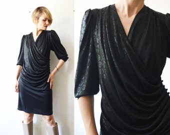 80s black draped wet look party mini dress. deep v neck dress with puff sleeves - medium