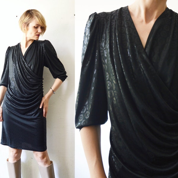 80s black draped wet look party mini dress. deep v neck dress with puff sleeves - medium