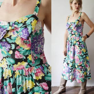 80s Lanz Originals floral cotton bow front midi garden strap dress - medium
