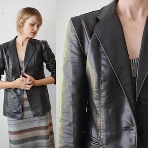 80s black fitted faux leather jacket - medium