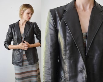 80s black fitted faux leather jacket - medium