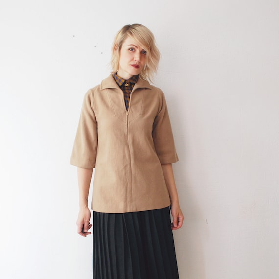 60s 70s beige wool tunic coat. zipped front bell … - image 2