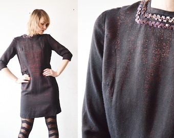 60s vintage black pink iridescent shift cocktail party dress with sequin trim - medium
