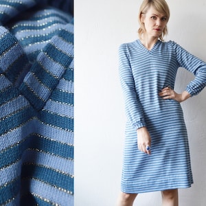 70s 80s blue metallic stripe soft tricot long sleeve midi dress - medium