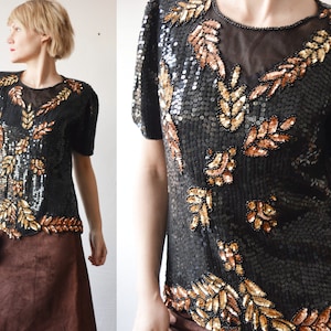 80er 90er Blattmuster schwarze Pailletten Top Bluse mit Netz panel - medium