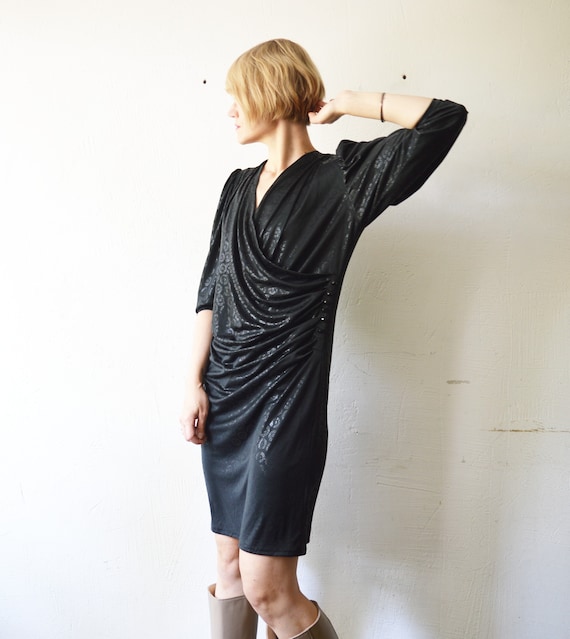 80s black draped wet look party mini dress. deep … - image 5