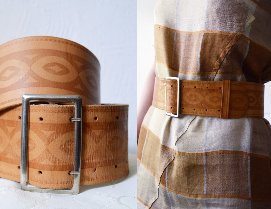 70s Western Tan Tooled Leather Wide Waist Belt With Metal  display picture 3