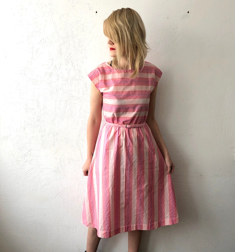 belted summer dress small to medium 60s 70s candy pink stripe dress with belt