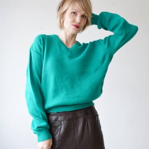 80s teal green slouch V neck sweater - unisex - large, XL