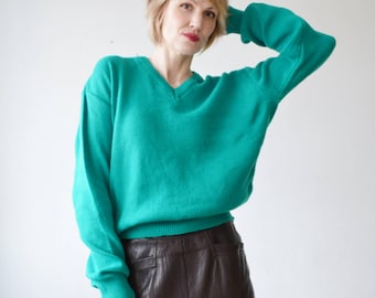 80s teal green slouch V neck sweater - unisex - large, XL