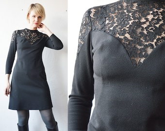 60s black witchy crimplene mini dress with sheer lace panel. handmade gothic mini dress - xs to small