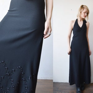 70s BETTY BARCLAY vintage black halter maxi dress. elegant sleeveless black wool dress - small to medium