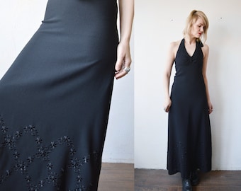 70er Jahre BETTY BARCLAY Vintage schwarz Neckholder Maxi-Kleid. elegantes ärmelloses schwarzes Wollkleid - klein bis mittel