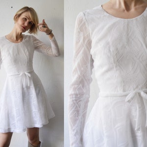 60s white chiffon full mini dress. sheer sleeve alternative wedding dress - xs, small