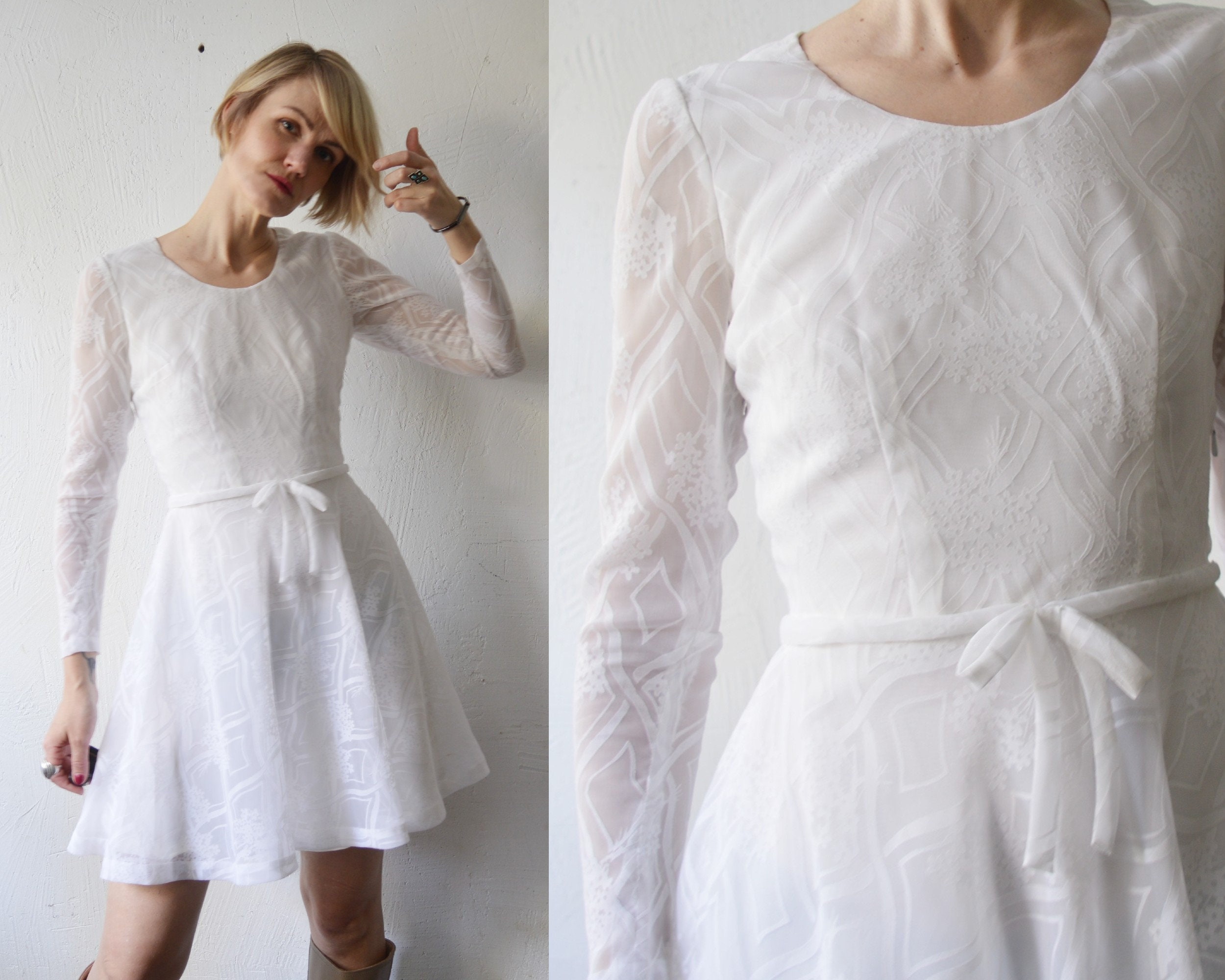 60er Jahre weißes Chiffon Minikleid. schiere Ärmel alternatives Brautkleid - xs, small