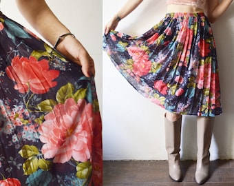 Falda midi completa plisada floral colorida de los años 80 - mediana