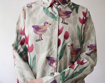 Novelty button up bird and tulip print blouse shirt - medium, large