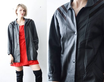 80s 90s slouch black leather jacket with suede trims - medium