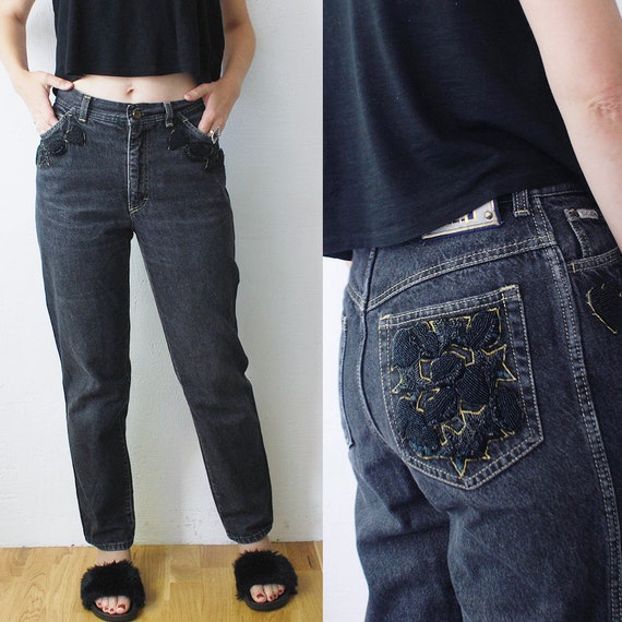 80s high waist ESCADA jeans. black mom jeans. peg