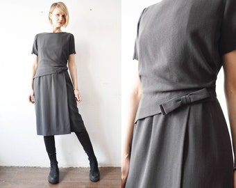 50s 60s elegant gray crepe knee lenght dress with bow detail and faux wrap skirt - medium