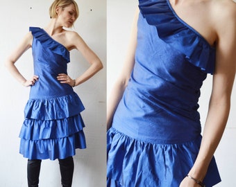 80s royal blue satin taffeta ruffle one shoulder tiered party dress - small