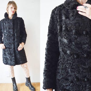 Vintage 60s black karakul curly lamb fur double breasted A line coat - medium to large