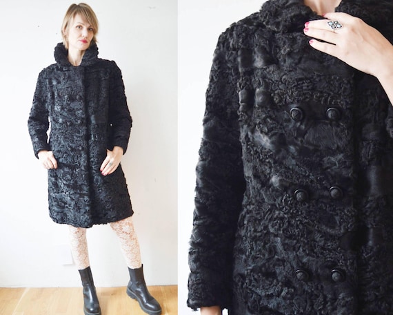 jself Curly Fur Coat サイズ1 Vintage 60s Black Karakul Curly Lamb Fur Double Breasted A Line