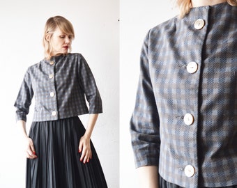 50s 60s vintage elegant gray checked cropped jacket - medium, large