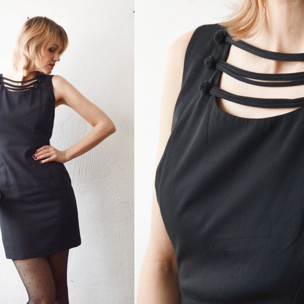 90s Cartoon black strappy front sleeveless mini dress - small to medium