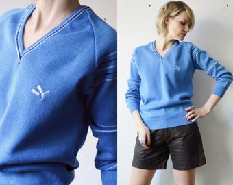 80s anni '90 blu misto lana v collo PUMA maglione - medio